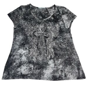 Y2K Shirt Womens M Black Wings Cross Rhinestone Grunge Gothic Affliction Style